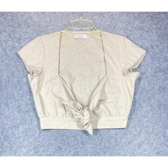 Flynn Skye Crop Top Womens Small Beige Short Sleeve Button Front Tie Bow USA - Picture 1 of 8